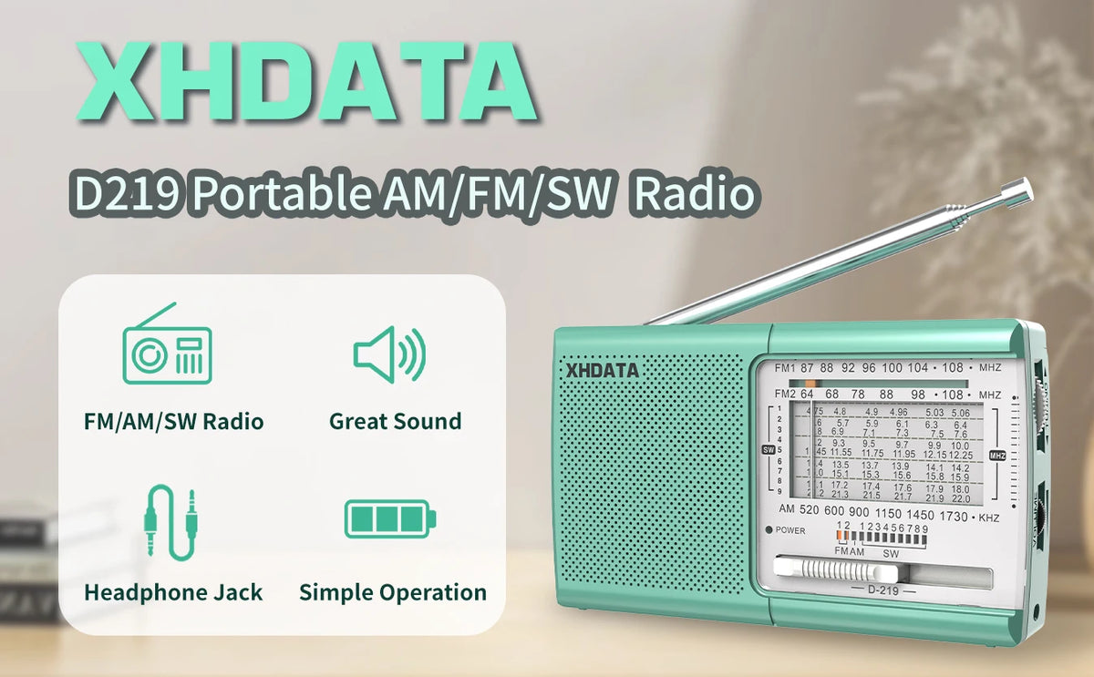XHDATA D219 Portable Radio AM FM MW Shortwave Receiver Pocket Radio High Sensitivity Multi Band Radio with Speaker Earphone Jack