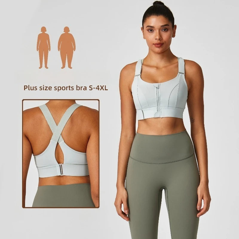 Large size sports lingerie women's shock-proof high-strength front zipper Velcro fitness running fixed cup yoga bra