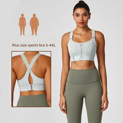 Large size sports lingerie women's shock-proof high-strength front zipper Velcro fitness running fixed cup yoga bra