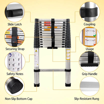 Day Plus Telescoping Ladder Stainless Steel Folding Ladder Portable Extendable Loft Ladder Capacity Max Load 150kg/330lb,EN131