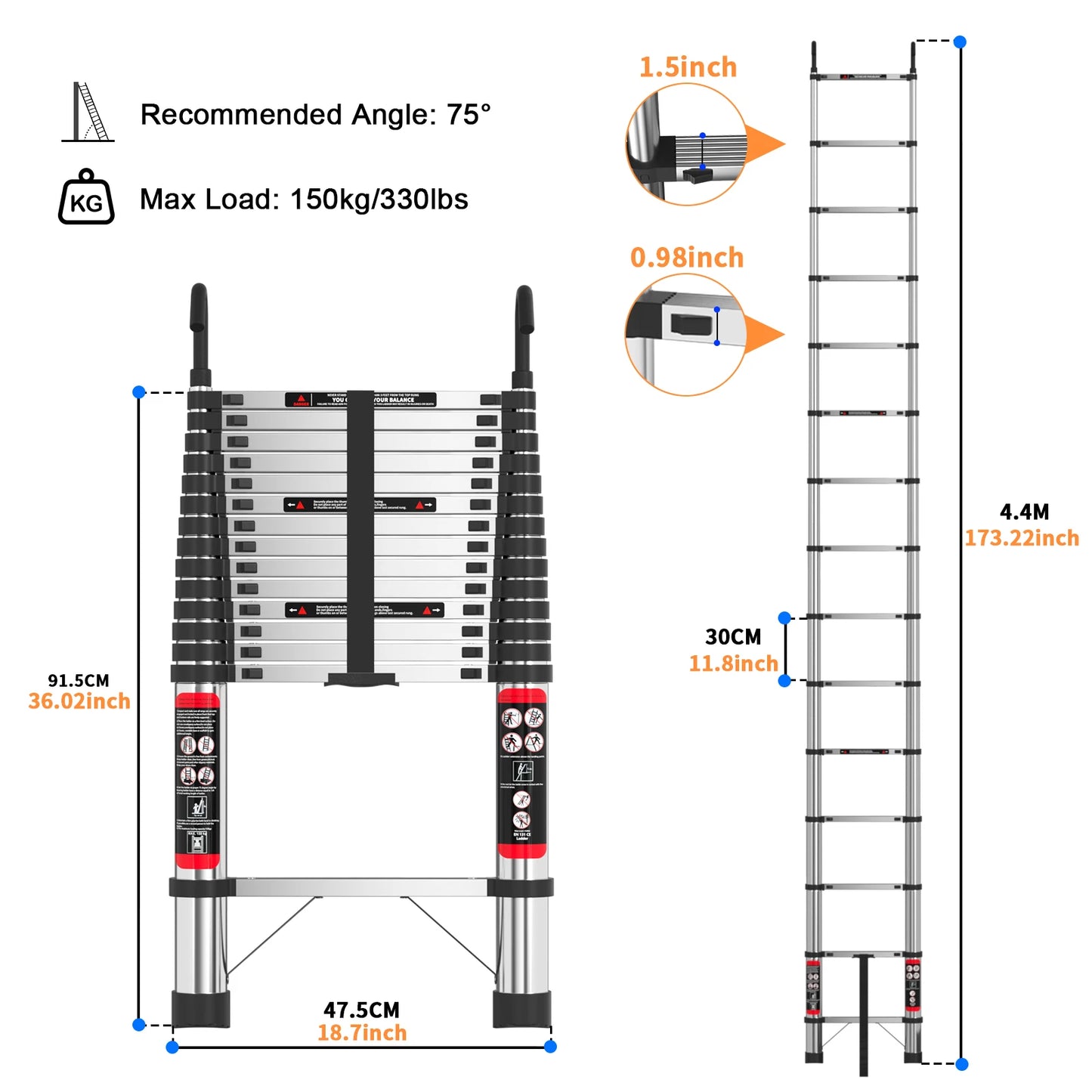 Telescopic Ladder Stainless Steel,load 150kg, Convenient Extendable ,For Pulling Walls, Changing Light Bulbs,Repairing Roofs,RV