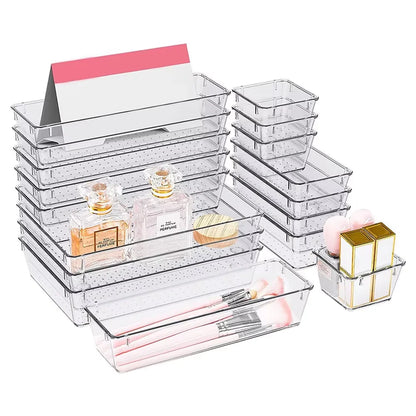 25pc Drawer Organizers Set Clear Plastic Desk Dividers Bins Bedroom Dresser Office Storage Box for Makeup Jewelries Gadgets