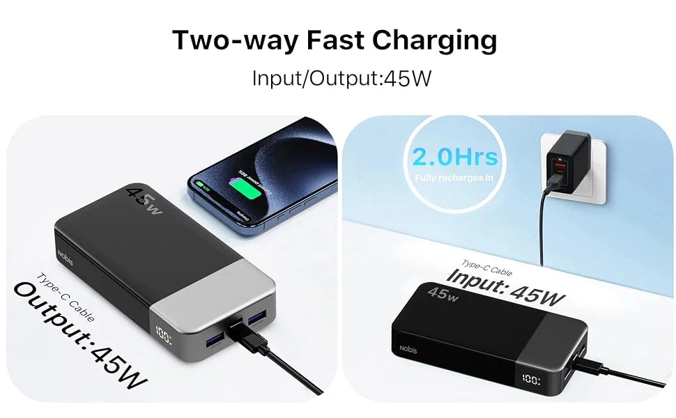 Nobis 20000mAh 45W Powerbank Fast Charge Power Bank with LED Display, Super Fast Charging Portable Charger with LED Display for iPhone 17 16 15 14 13