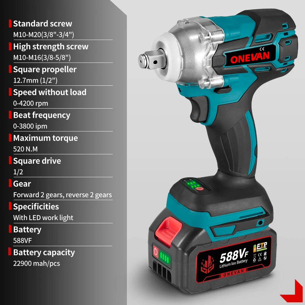 ONEVAN Brushless Electric Impact Wrench 520 N.M 1/2" Cordless Screwdriver Drilling Power Wrench Tool For Makita 18V Battery Pin