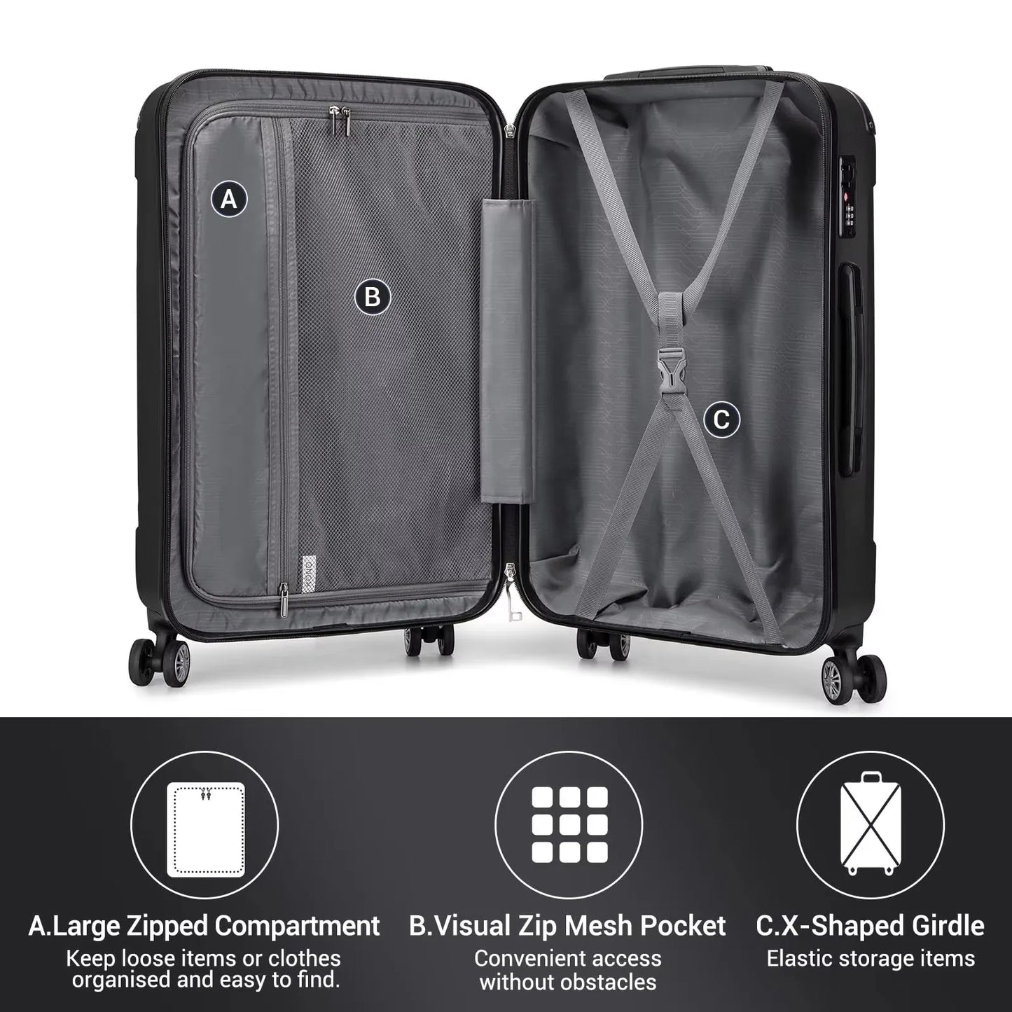 Kono Large Hard Shell Luggage 19/24/28 inch Lightweight ABS 4 Wheels Spinner Business Trip Trolley Case Suitcase