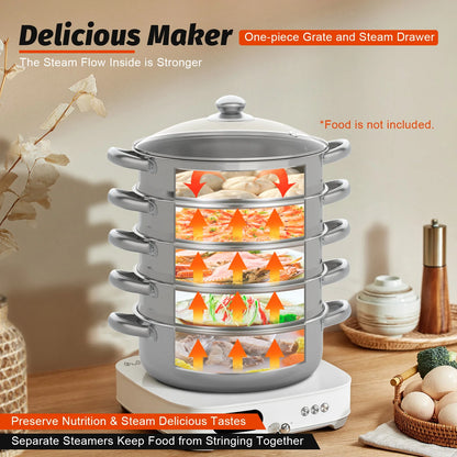 5 Tier  26/28/30/32cm Steame Cooker Steamer Pan Cook Food Veg Pot Stainless Steel Silver w/Glass Lid