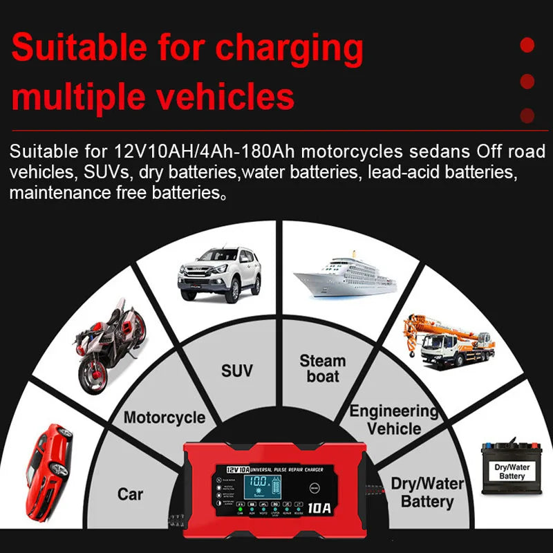 12V 10A Car Battery Charger For Lifepo4 Lead Acid AGM GEL PB Lithium Battery Car Charger Pulse Repair Smart Charger LCD Display