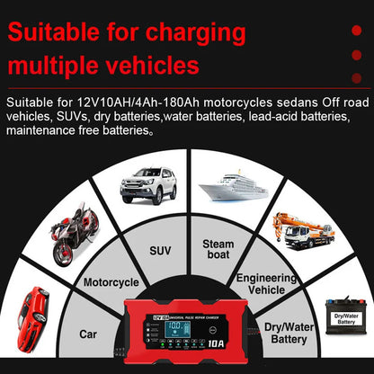 12V 10A Car Battery Charger For Lifepo4 Lead Acid AGM GEL PB Lithium Battery Car Charger Pulse Repair Smart Charger LCD Display