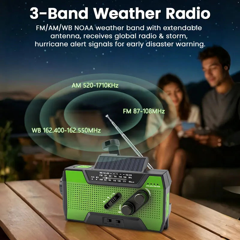 2000mAh Emergency Radio RechargeablePower Bank with  Portable FM Radio USB/Solar/Hand Crank Charging SOS Alarm & Flashlight
