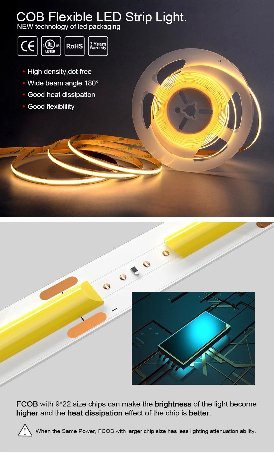 UL Listed COB LED Strip Light 320 480 LEDs/m 16.4ft High Density Flexible Tape Ribbon 3000-6500K RA90 Led Lights DC12V 24V