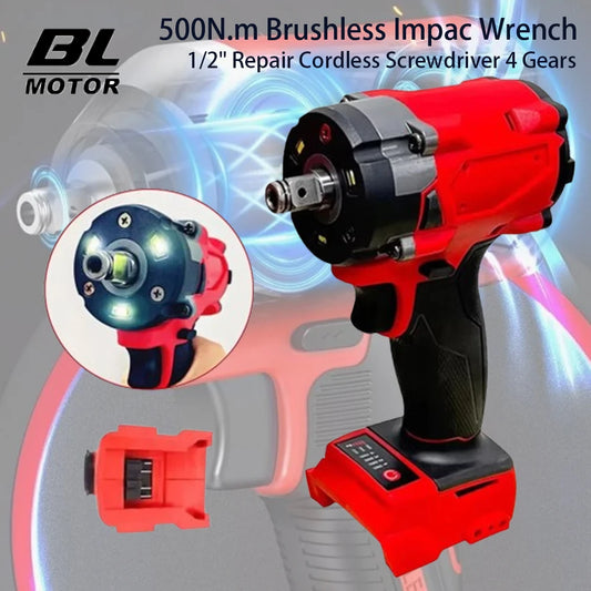 500N.m Brushless Impact Wrench Electric Driver 1/2" Repair Cordless Screwdriver 4 Gears Power Tools for Milwaukee 18V Battery