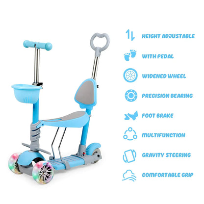 5-in-1 Kids Scooter, 3 Wheels Toddler Kick Scooter with LED Flashing Light UP Wheels, Removable Seat&Adjustable Handlebar