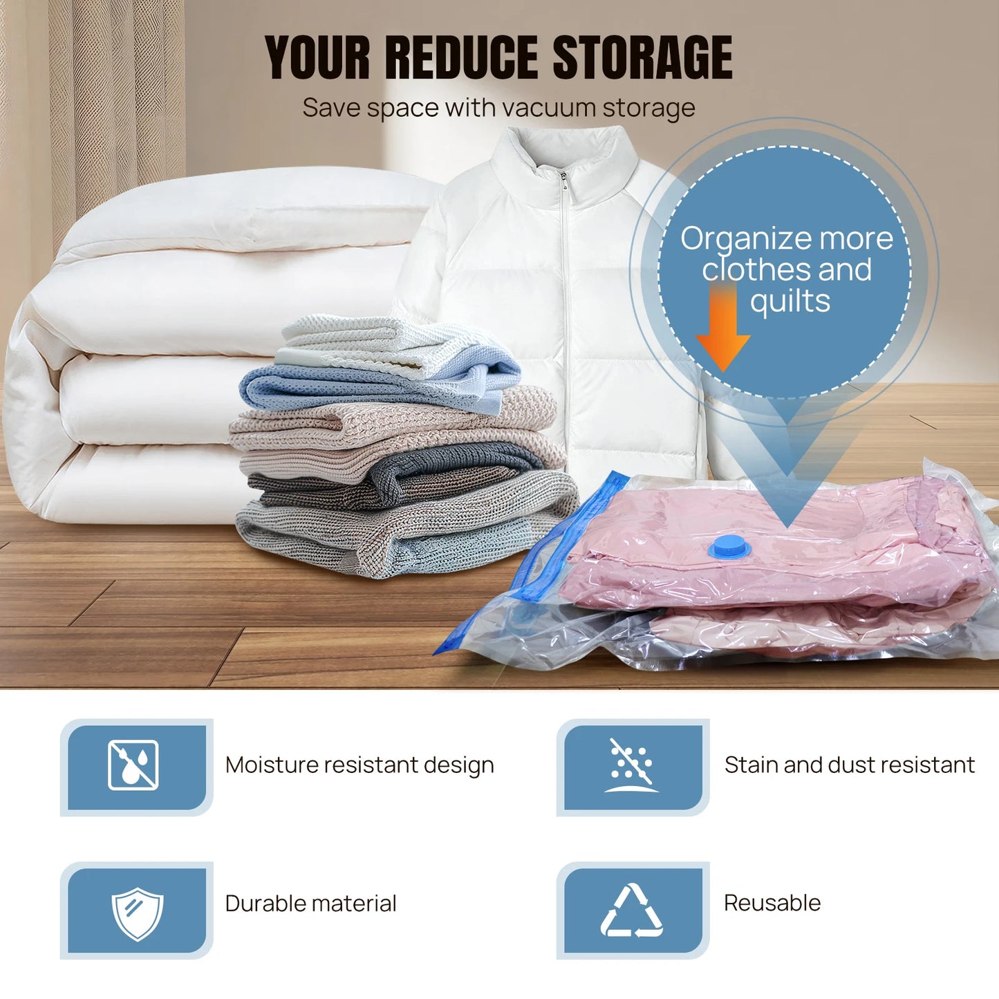 12-Pack Vacuum Compression Storage Bags for Clothes, with Electric Pump - Reusable Space Saver Bags for Travel, Duvets Storage