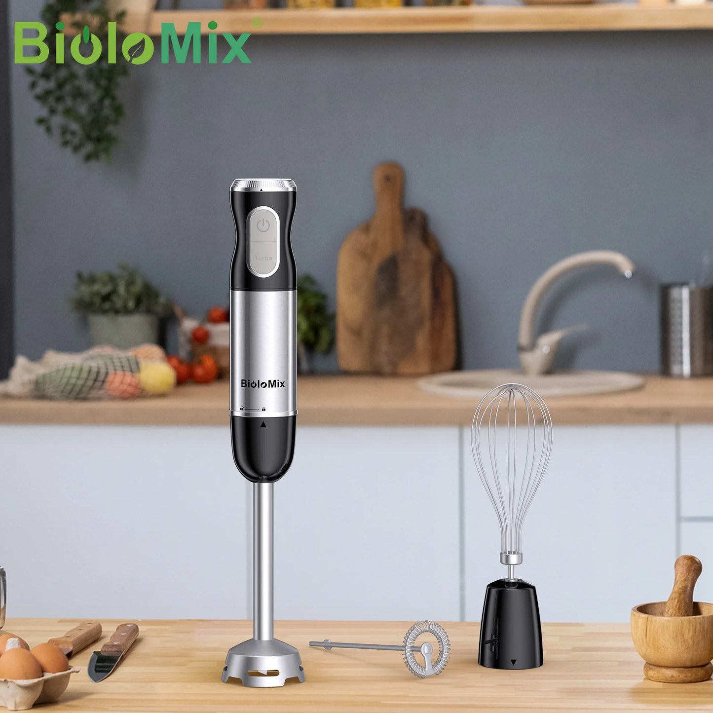 BioloMix 3-in-1 Immersion Hand Blender Stainless Steel with Sharper Blades Whisk & Milk Frother For Smoothie, Baby Food Puree