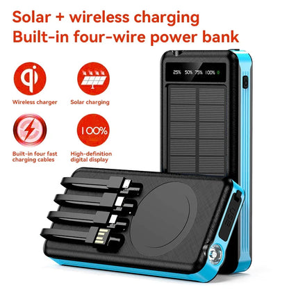 50000mAh Portable Solar Power Bank PD22.5W Ultra Fast Charging Built-in Four Wire PowerBank  for IPhone Huawei Samsung