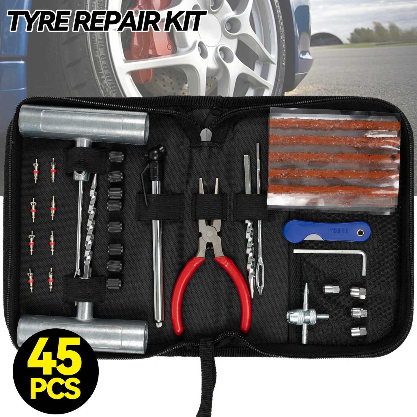 Portable Car Tire Repair Kit 45Pcs DIY Easy Repair Tyre Puncture Repair Tool For Car Motorcycles ATVS Lawnmowers Tractors Trucks