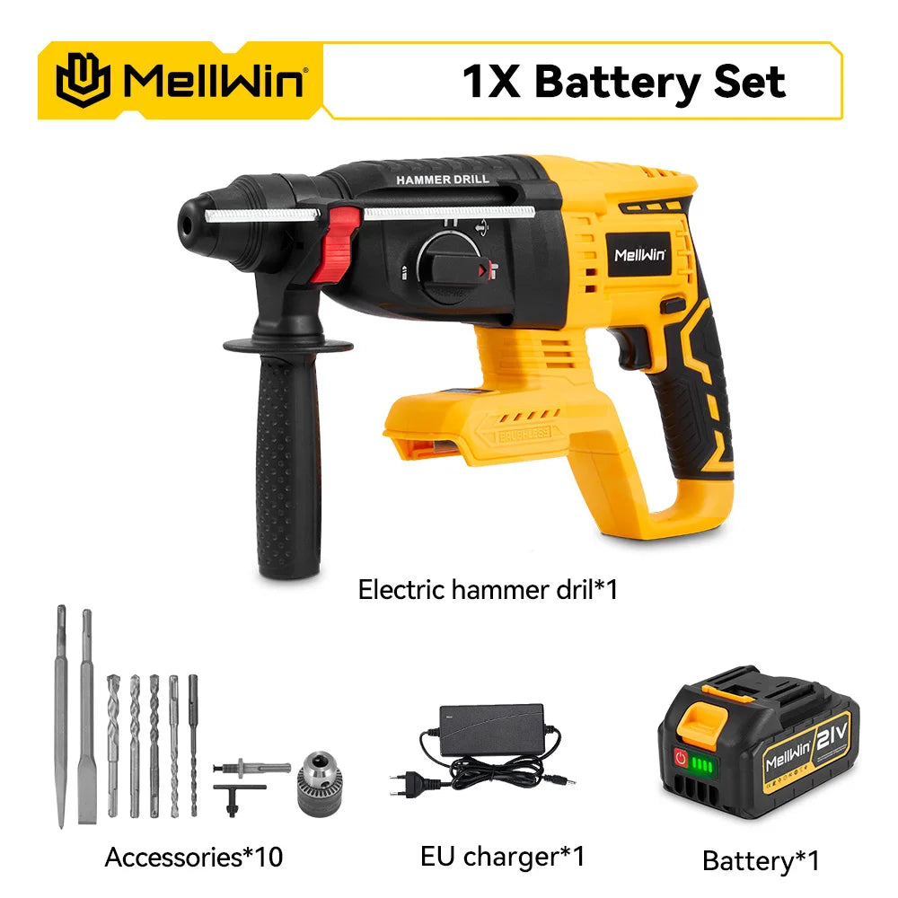 MELLWIN 26MM Brushless Electric Hammer Drill Cordless Household Rotary Impact Hammer Power Tool For Makita 18V Battery Pin