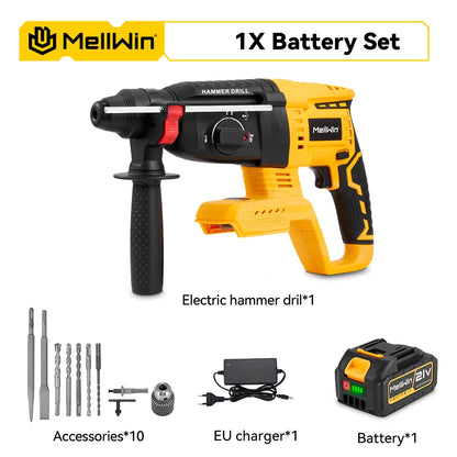 MELLWIN 26MM Brushless Electric Hammer Drill Cordless Household Rotary Impact Hammer Power Tool For Makita 18V Battery Pin