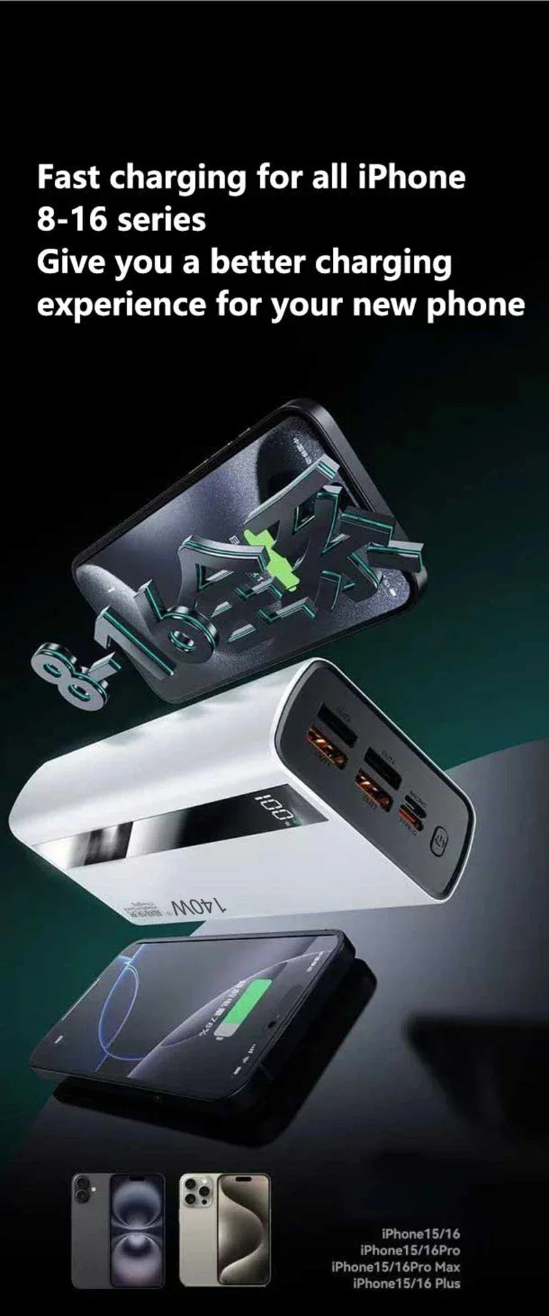 Lenovo 140W 500000mAh CCC Powerbank Super Fast Charging Portable Battery Charger Ultra Capacity LED Digital Display