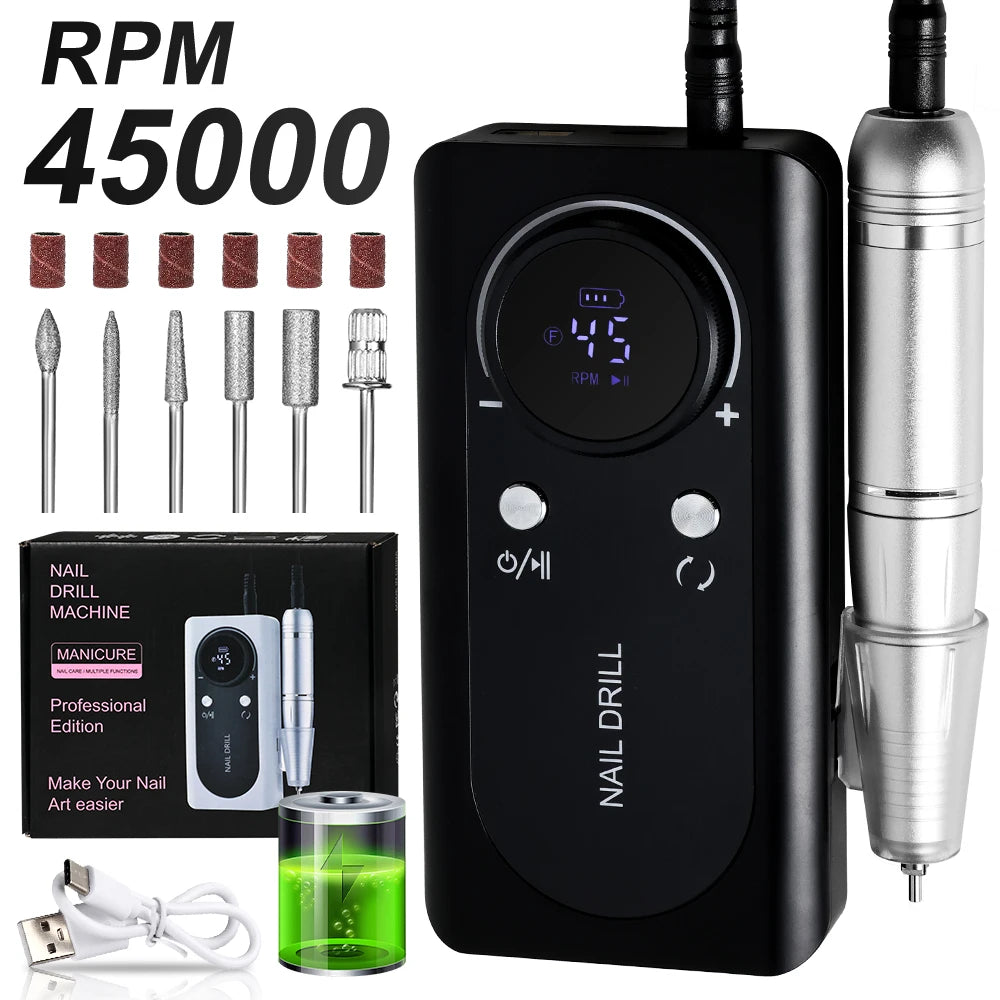 45000RPM Professional Electric Nail File Rechargeable Electric Nail Drill Low Noise Nail Sander File for Manicure Salon Tool