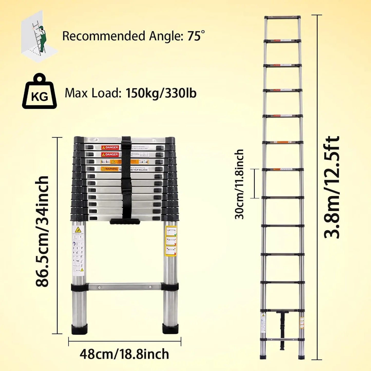 Day Plus Telescoping Ladder Stainless Steel Folding Ladder Portable Extendable Loft Ladder Capacity Max Load 150kg/330lb,EN131