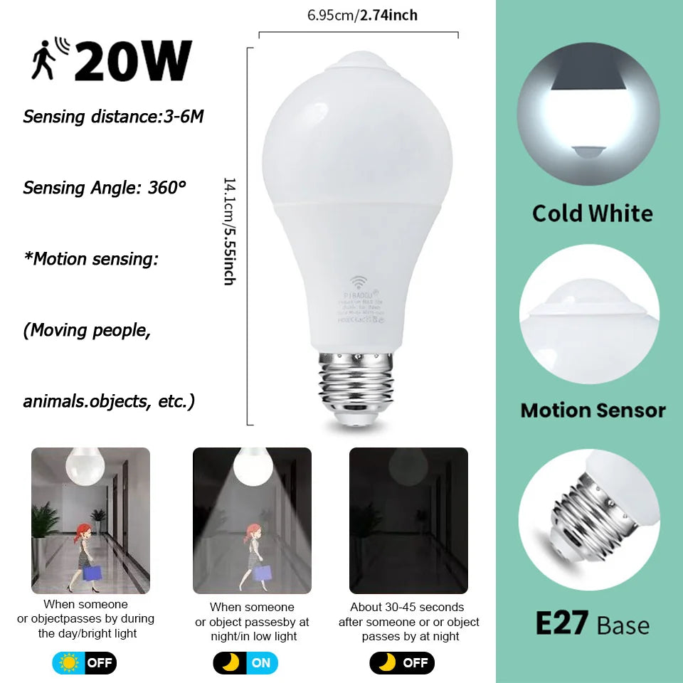 6pcs LED Bulbs Radar Motion Sensor Light 220V E27 LED Bulb Auto ON/OFF Working In Night Radiation Motion Detector Security Light