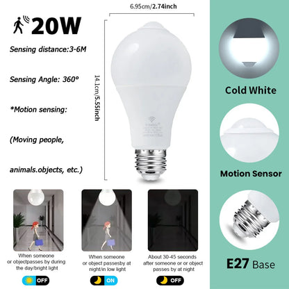 6pcs LED Bulbs Radar Motion Sensor Light 220V E27 LED Bulb Auto ON/OFF Working In Night Radiation Motion Detector Security Light