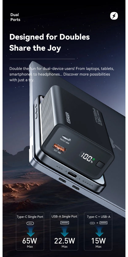 Essager Power Bank 20000mAh Portable PD 65W Fast Charging Mobile Phone External Battery Powerbank For IPhone17 16 15 Laptop Mac