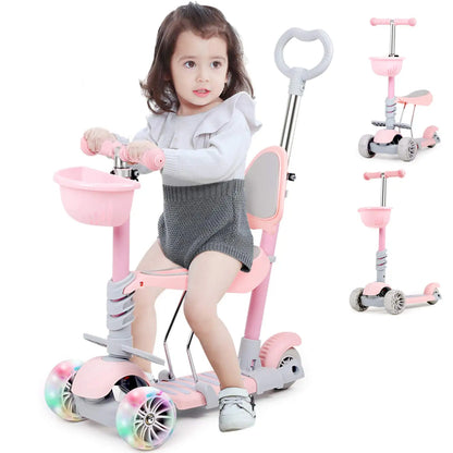 5-in-1 Kids Scooter, 3 Wheels Toddler Kick Scooter with LED Flashing Light UP Wheels, Removable Seat&Adjustable Handlebar