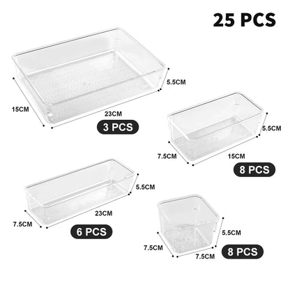 25pc Drawer Organizers Set Clear Plastic Desk Dividers Bins Bedroom Dresser Office Storage Box for Makeup Jewelries Gadgets