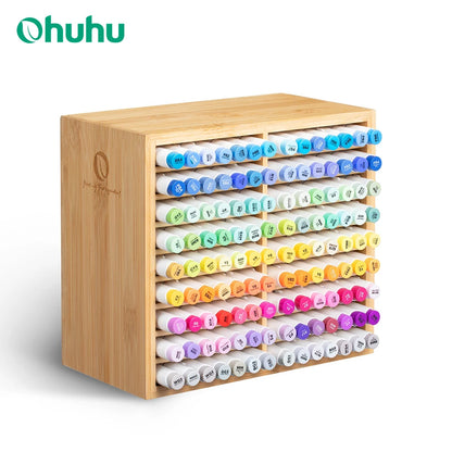 Ohuhu Bamboo Marker Organizer Wooden Desktop Storage Hold 126 Markers Pens Pencils Art Brushes Stationary Organizer Pen Holder
