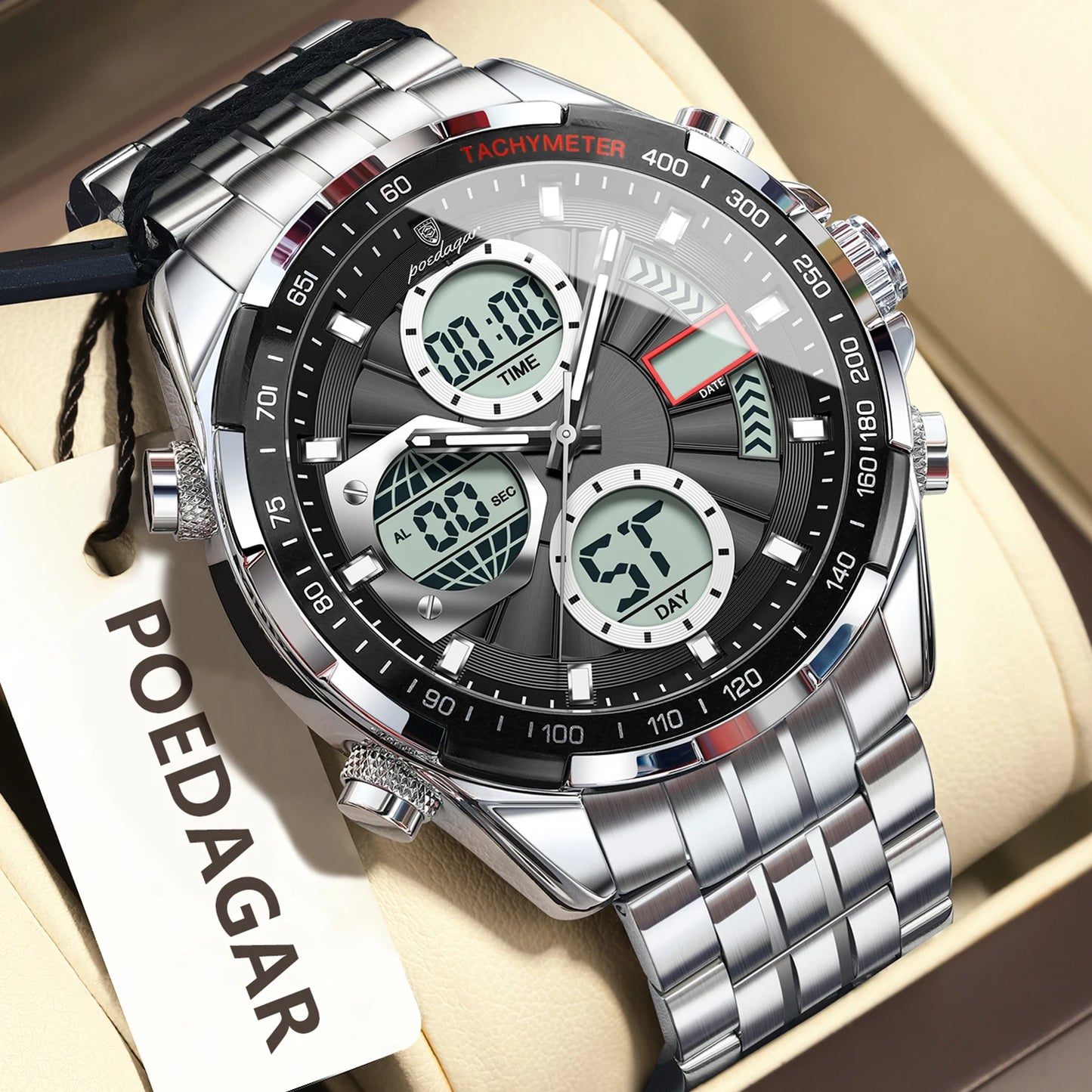 POEDAGAR Top Man Clock Waterproof Electronic LED Luxury Men's Watches Dual Time Display Digital Stainless Steel Men Quartz Watch