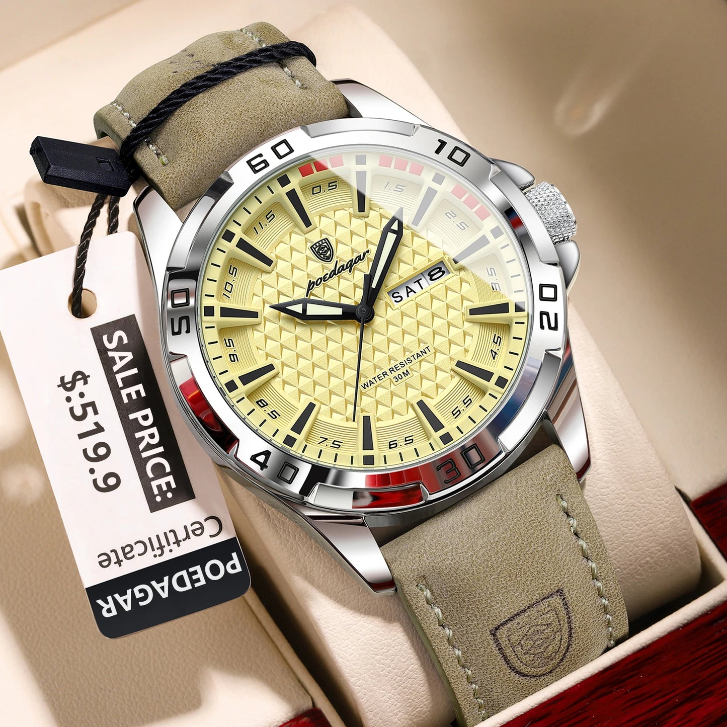POEDAGAR Original Man Wristwatch Top Luxury Waterproof Luminous Date Week Watch For Men Quartz Sport Leather Men's Watches Reloj