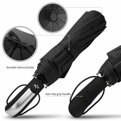 10 Ribs Strong Automatic Umbrella Auto Open Close Travel Compact  Windproof Folding Umbrella Black