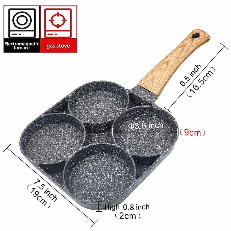 1/2Pcs 4-Hole Omelet Frying Pot Pan with Wooden Handle Frying Grill Non-stick Egg Pancake Steak Pan Cooking Egg Breakfast Maker