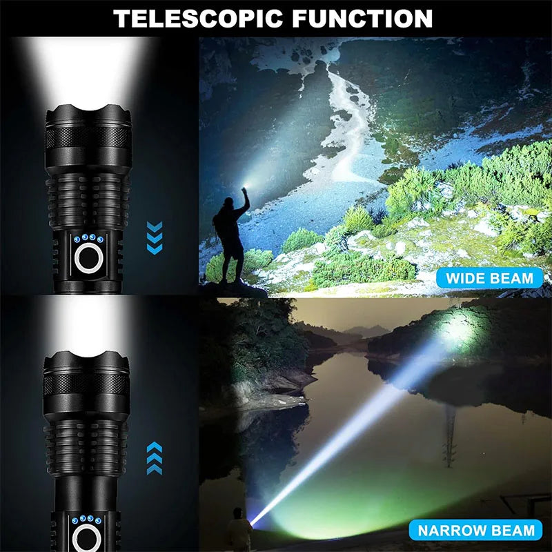 High Power Rechargeable LED Tactical Flashlight  Aluminum Alloy Telescopic Zoom Torch Lamp for Outdoor Camping Fishing