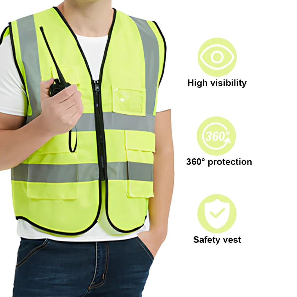 Reflective Safety Vest With 4 Pockets, Durable Protective Vest With Black Resin Zipper, High Visibility Reflective Clothing
