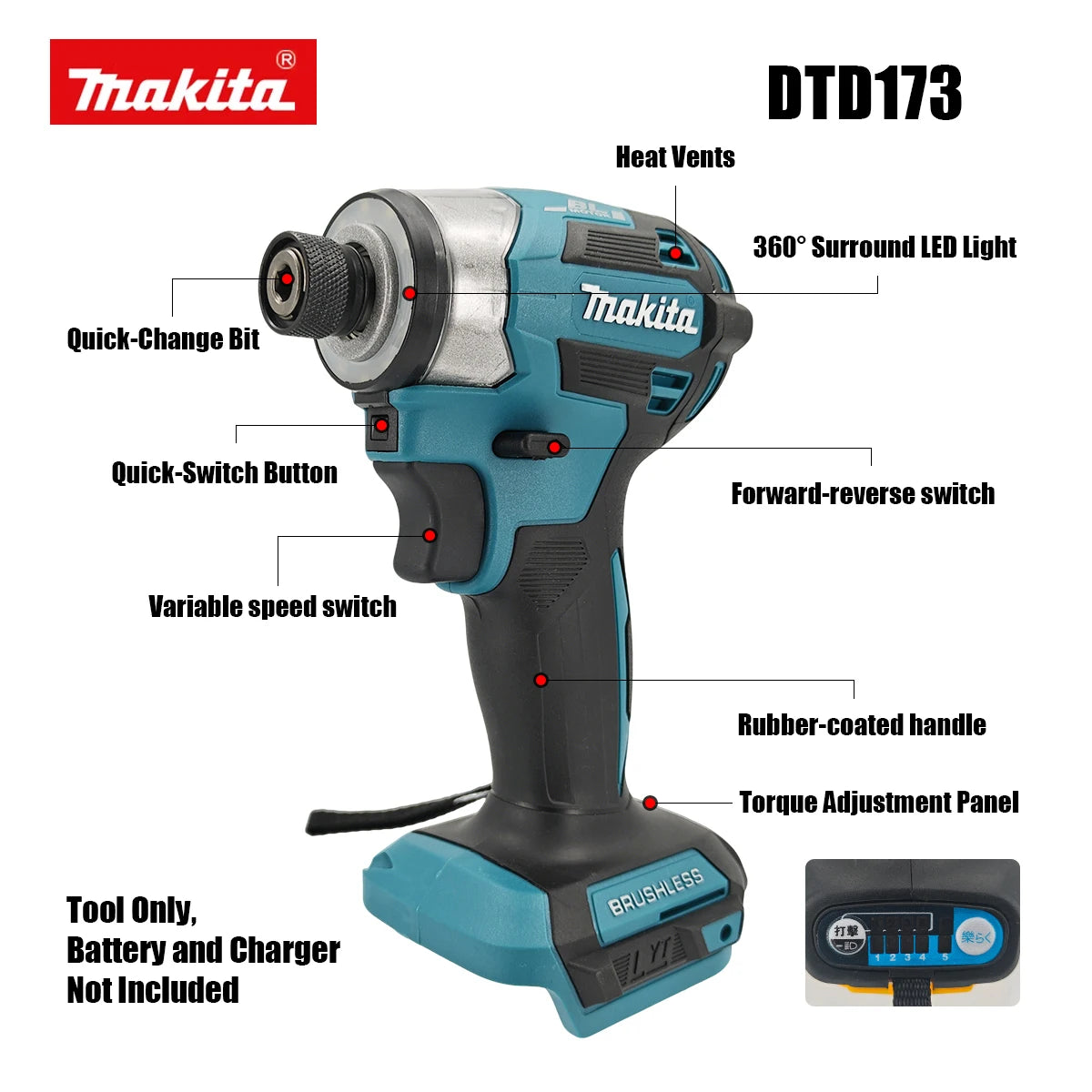 Makita DTD173 1800RPM Cordless Impact Driver 180N.m Brushless Motor Electric Drill Wood/Bolt/T-Mode For Makita Battery