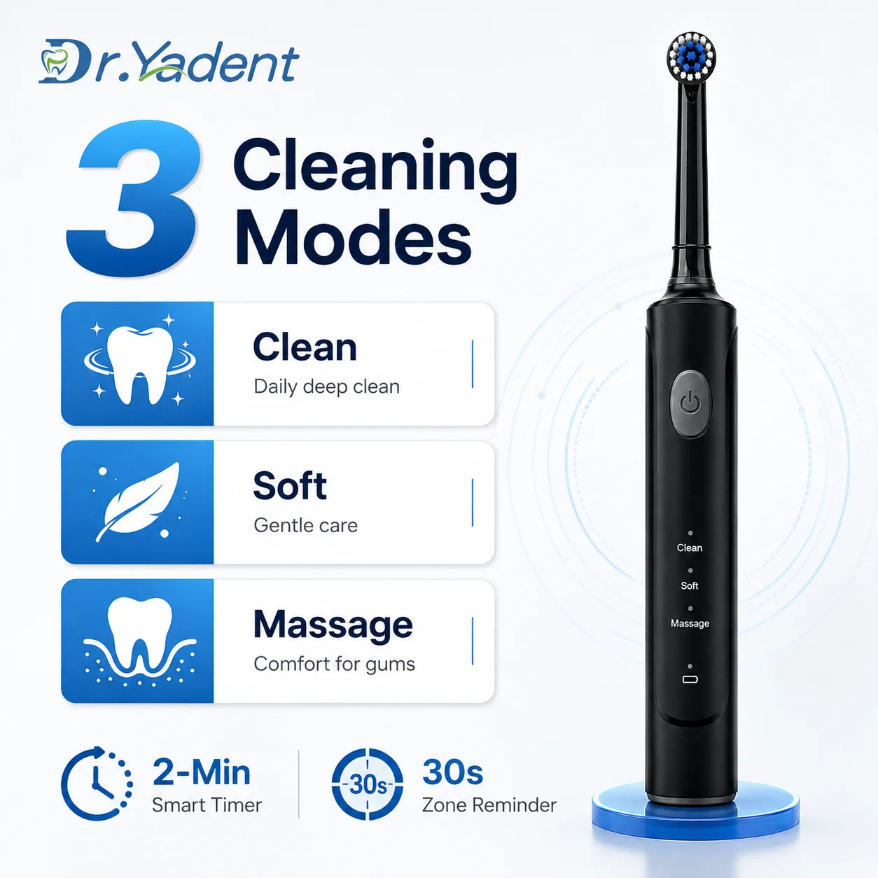 DrYadent Rotating Toothbrush YD2233 2mins Smart Timer with 3 Intelligence Modes Long-Lasting Usage with 4 Brush Heads Gum Cares