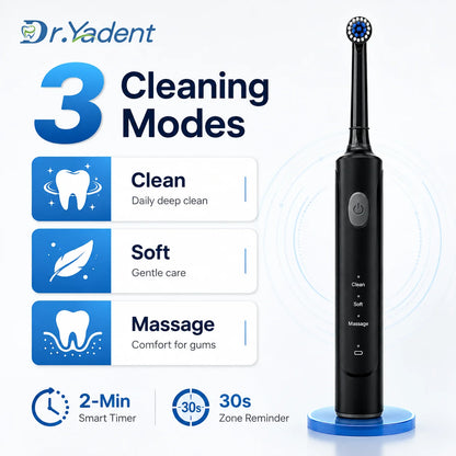 DrYadent Rotating Toothbrush YD2233 2mins Smart Timer with 3 Intelligence Modes Long-Lasting Usage with 4 Brush Heads Gum Cares
