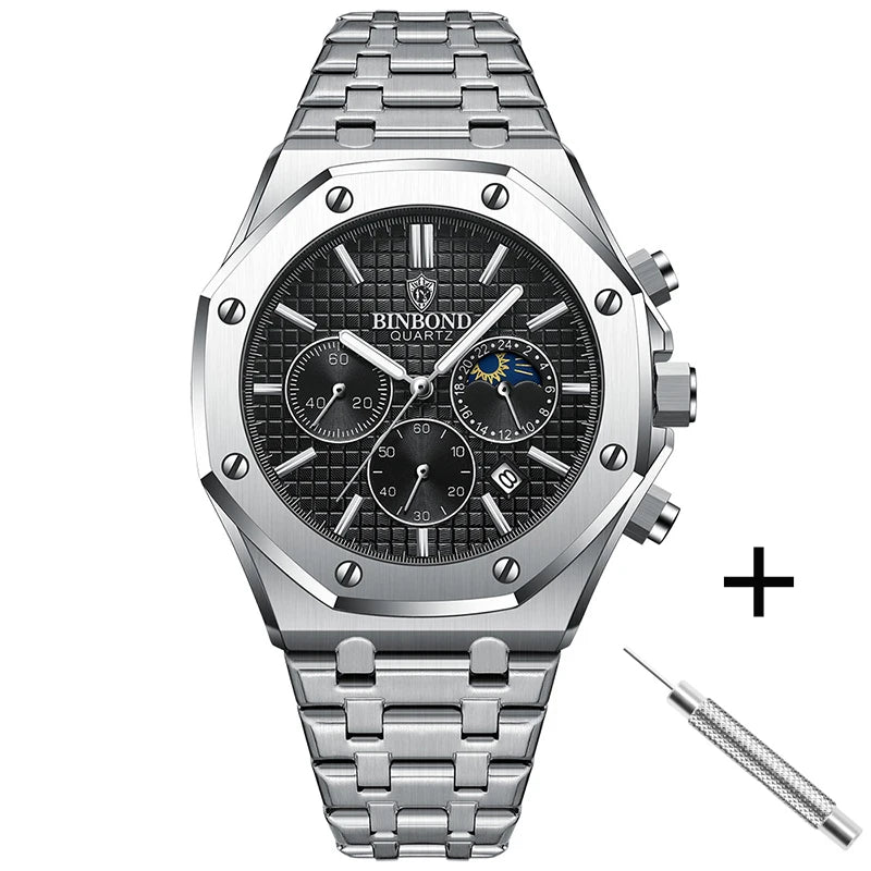 BINBOND Top Brand B0161 Men's Casual Watch Luxury Luminous Stainless Steel Waterproof Men's Date Calendar Clock