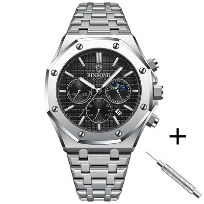 BINBOND Top Brand B0161 Men's Casual Watch Luxury Luminous Stainless Steel Waterproof Men's Date Calendar Clock