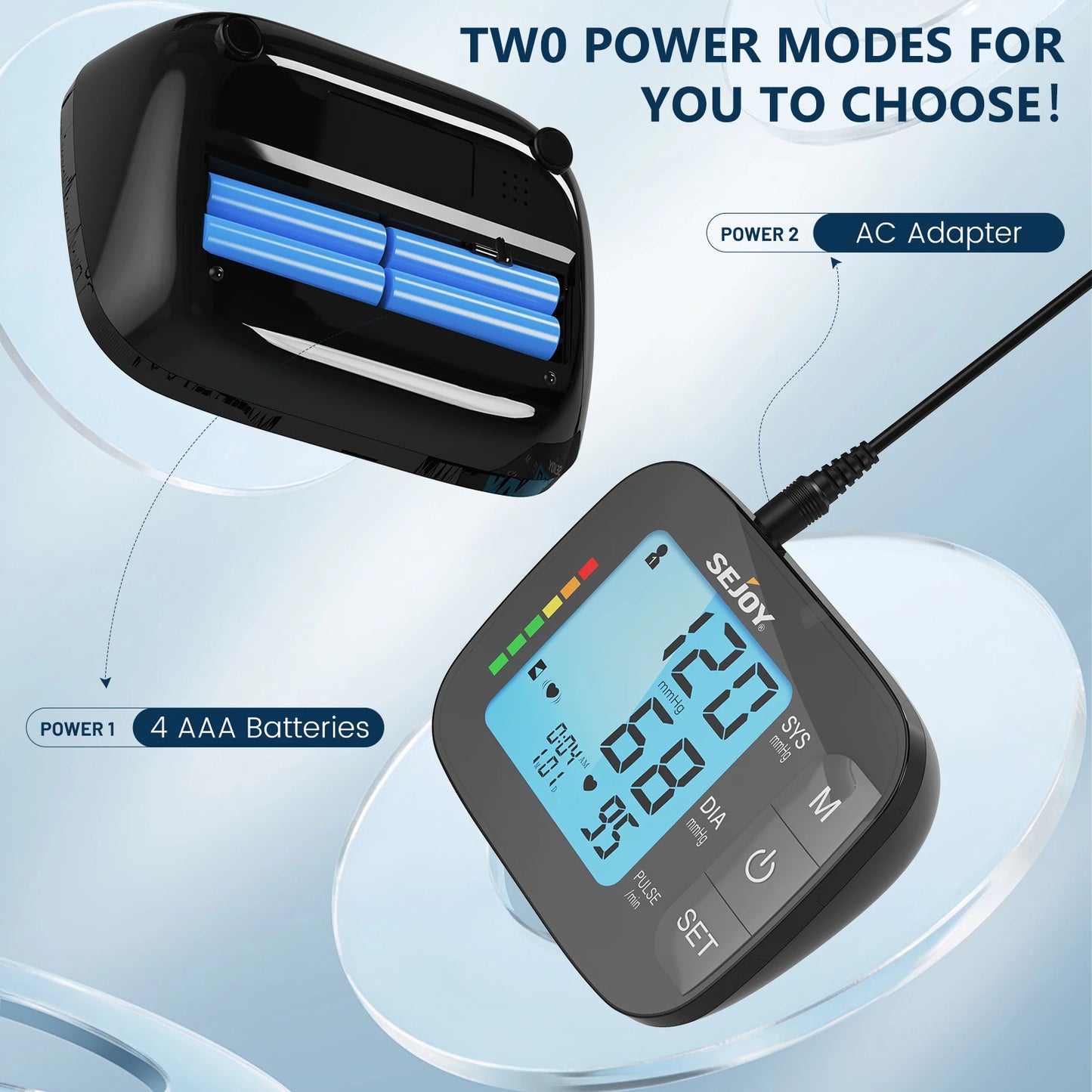 Sejoy Digital Upper Arm Automatic Blood Pressure Monitor Portable BP Sphygmomanometer Medical Tonometer Blue Backlight with AC