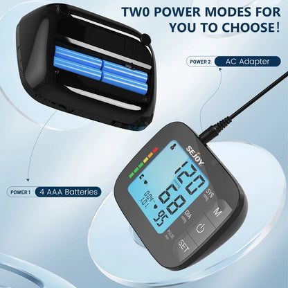 Sejoy Digital Upper Arm Automatic Blood Pressure Monitor Portable BP Sphygmomanometer Medical Tonometer Blue Backlight with AC