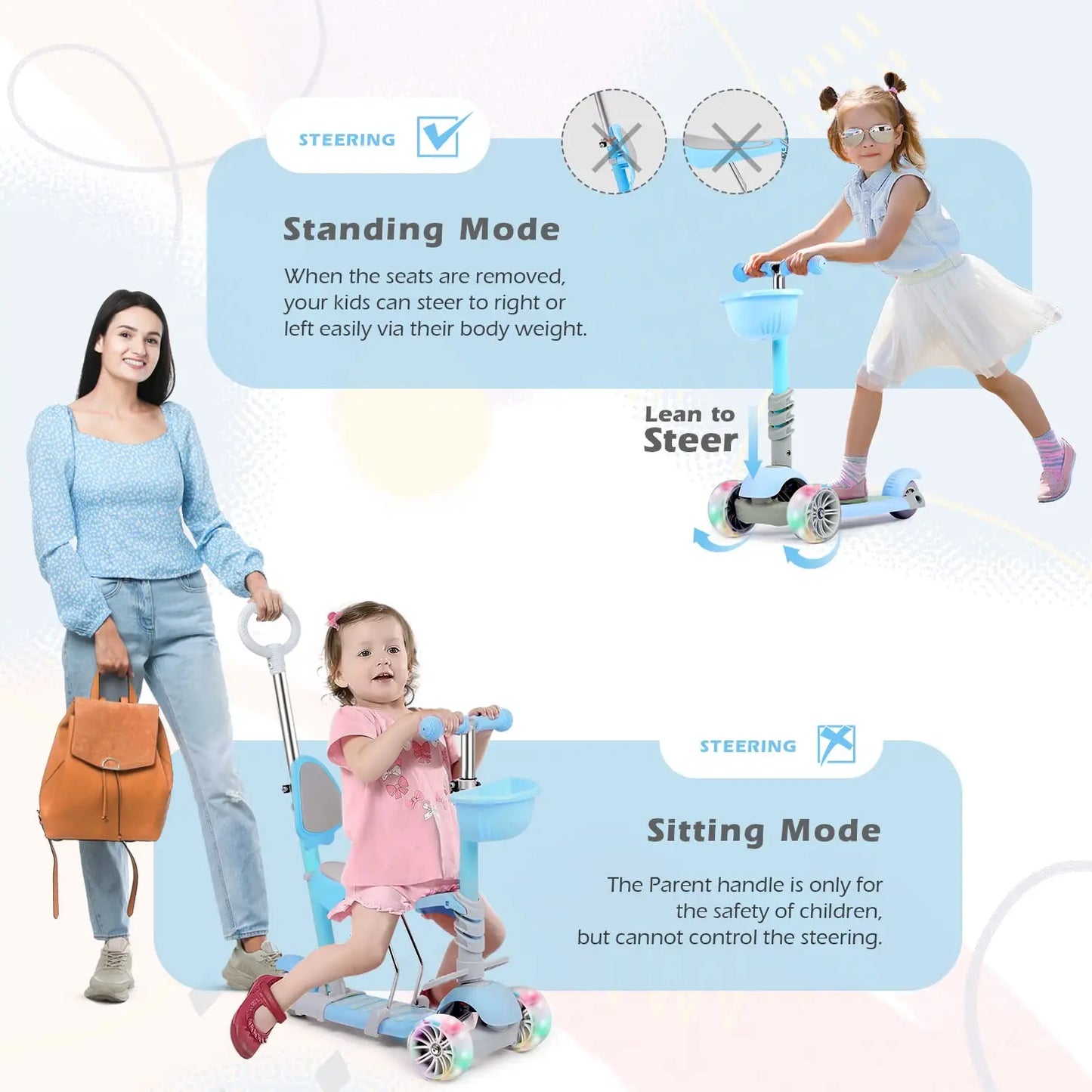 5-in-1 Kids Scooter, 3 Wheels Toddler Kick Scooter with LED Flashing Light UP Wheels, Removable Seat&Adjustable Handlebar