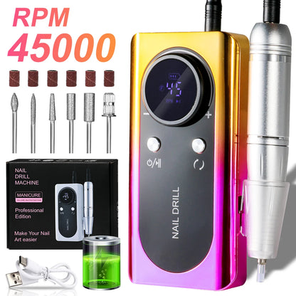 45000RPM Professional Electric Nail File Rechargeable Electric Nail Drill Low Noise Nail Sander File for Manicure Salon Tool