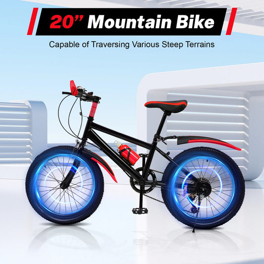 20" Mountain Bike 7 Speeds Kids Bicycle Children's Bicycle Height Adjustable MTB Boys Girls Riding Bike