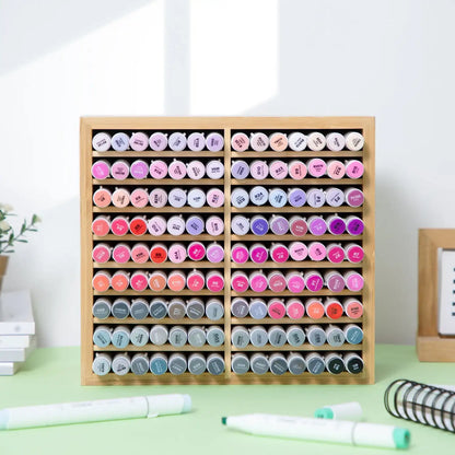 Ohuhu Bamboo Marker Organizer Wooden Desktop Storage Hold 126 Markers Pens Pencils Art Brushes Stationary Organizer Pen Holder