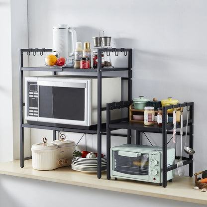 BonChoice 2/3-Tier Expandable Microwave Oven Rack Countertop for Kitchen, Microwave Shelf Stand Metal with 6 Hooks Black White