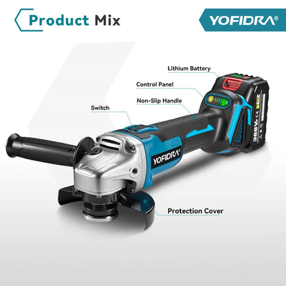 Yofidra 125mm Brushless Angle Grinder 4 Gears Cordless Grinding Machine Cutting Woodworking For Makita 18V-21V Battery Pin